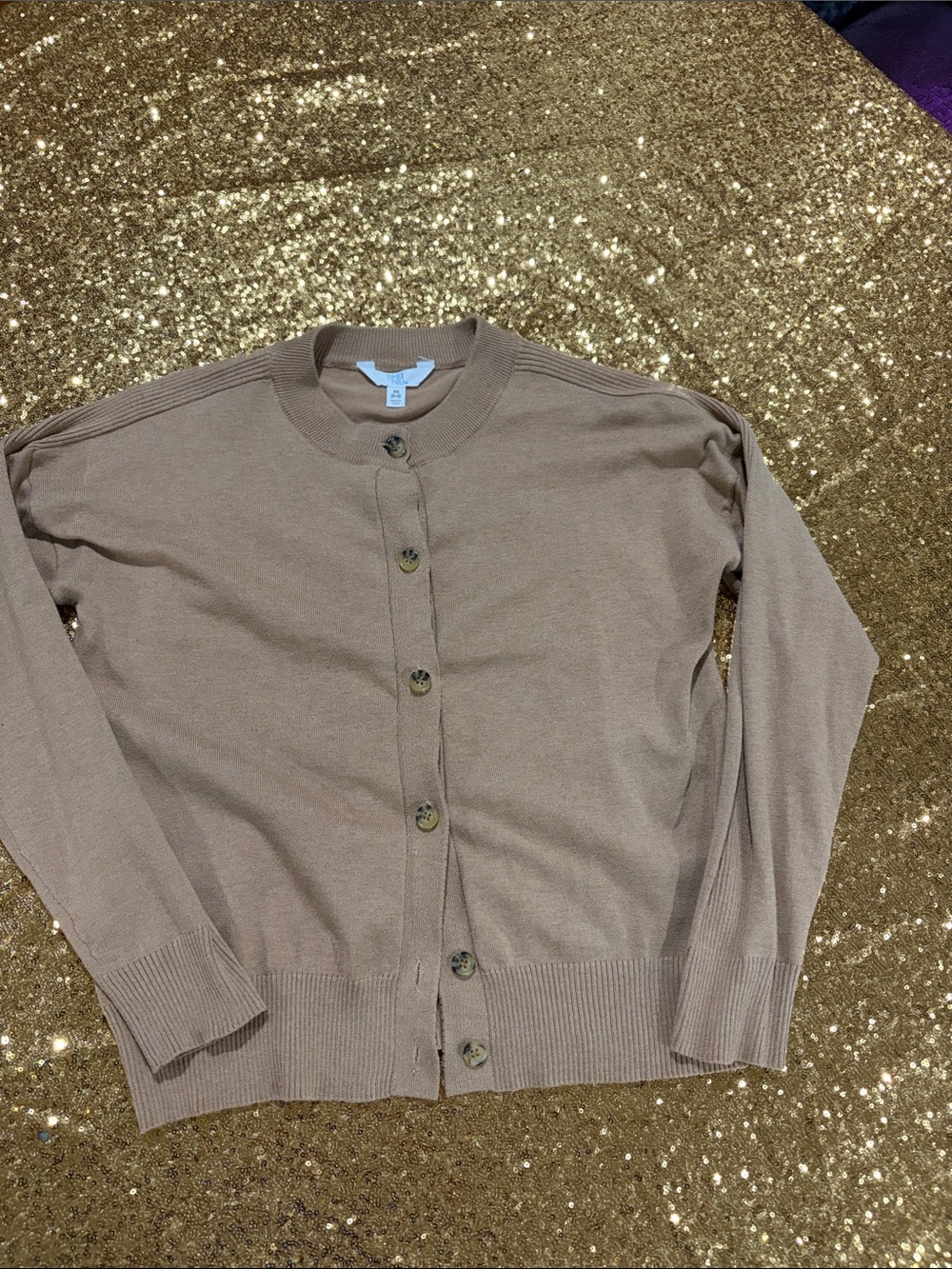 Time and Tru Tan Button-Front Crewneck Cardigan